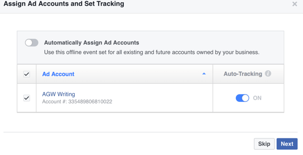 O Facebook pode atribuir contas de anúncios automaticamente ao seu evento offline ou você pode atribuí-las manualmente.