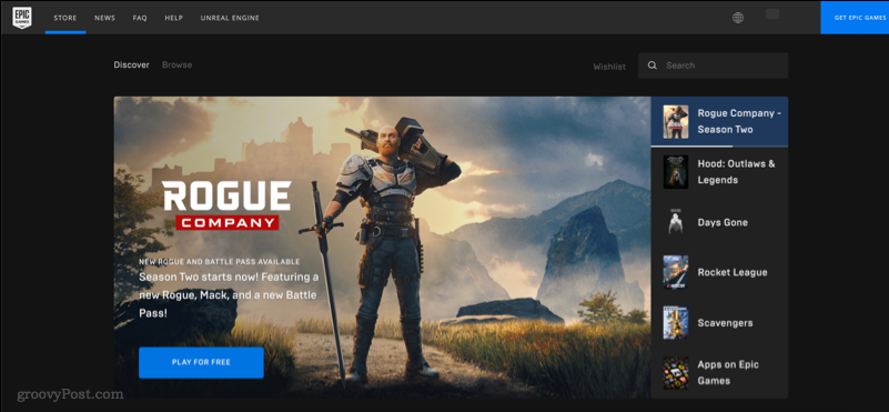 Uma captura de tela mostrando o site da Epic Games Store