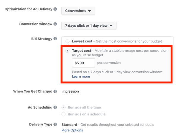 Dicas para reduzir seus custos de anúncios do Facebook, opção de definir estratégia de lance para custo-alvo
