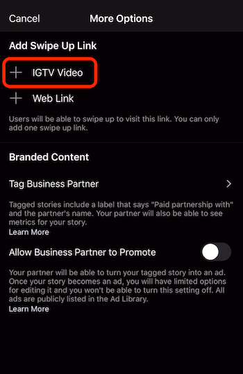 opção para adicionar link de deslizar para cima ao vídeo IGTV