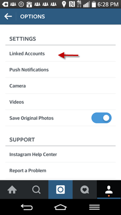 configurações de contas vinculadas ao Instagram