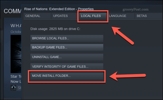 Botão de opção Steam Move Install Folder