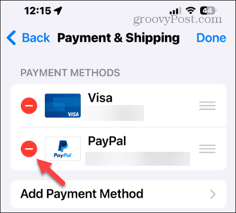 remover forma de pagamento no iphone