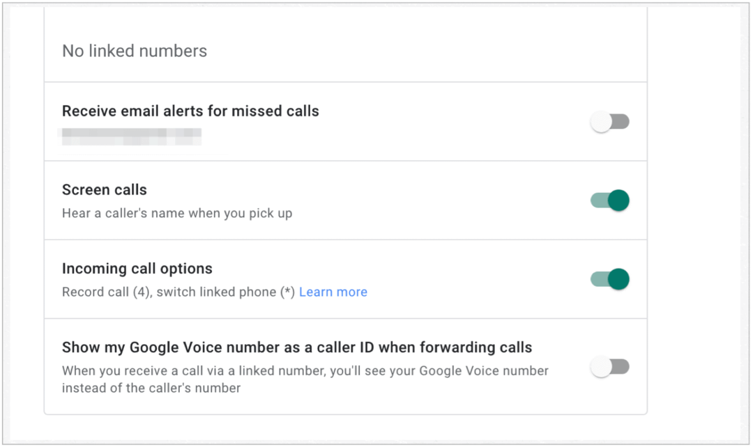 Opções de chamadas recebidas do Google Voice