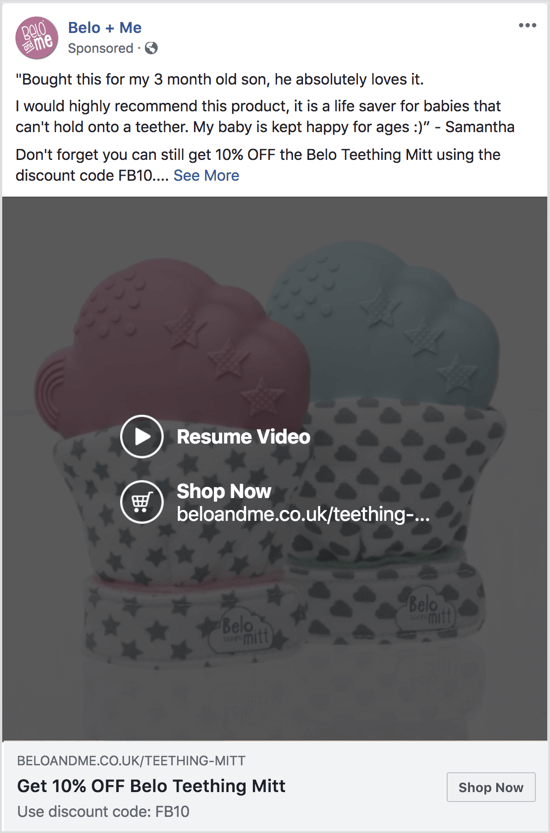 Este anúncio do Facebook usa um vídeo de apresentação de slides para promover um desconto em um produto específico.