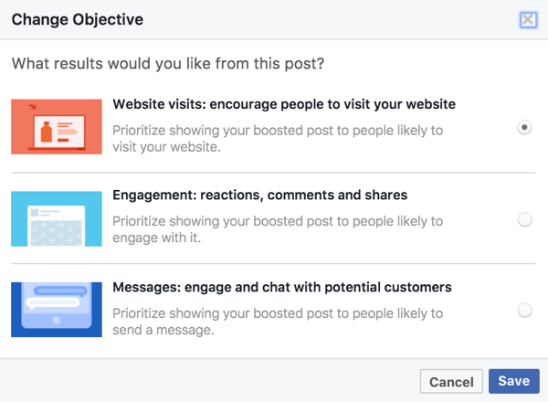 As opções objetivas para postagens otimizadas são baseadas na mídia usada em sua postagem no Facebook.