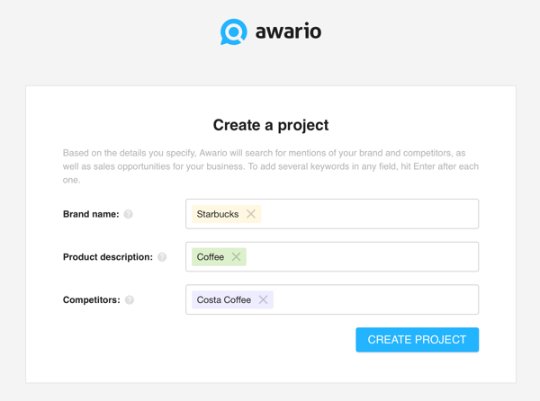 Como usar o Awario para ouvir mídias sociais, Etapa 1 criar um projeto.