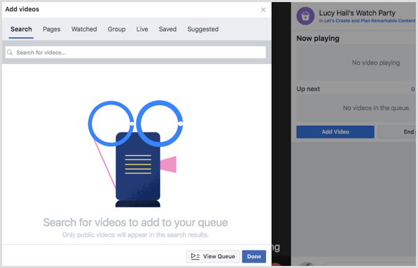 Escolha uma fonte para adicionar vídeos à sua fila de espera do Facebook.
