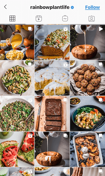 captura de tela de exemplo do feed do instagram @rainbowplantlife mostrando seus alimentos vegan em tons profundos e ricos