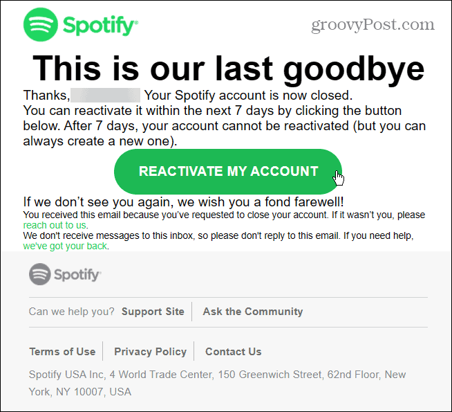 Email de reativação do Spotify