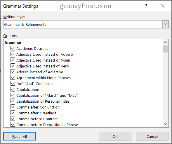 Configurações de gramática no Word no Windows