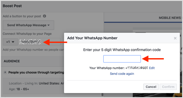 Digite o código de confirmação que você recebeu via SMS para conectar sua conta WhatsApp Business com o Facebook.