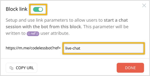 Opção ChatFuel Block Link