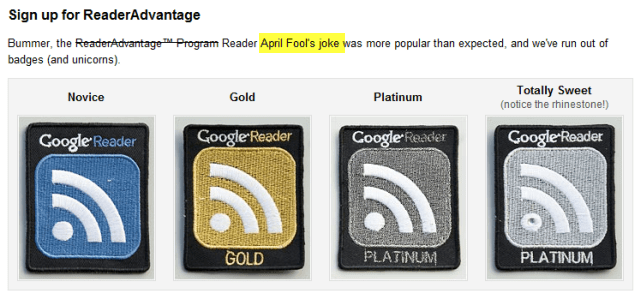 Emblema de vantagens do Google Reader 2010 April Fools Reader