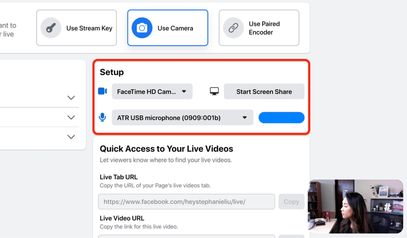 opção de configuração de transmissão ao vivo do Facebook para selecionar sua câmera e microfone e / ou compartilhamento de tela