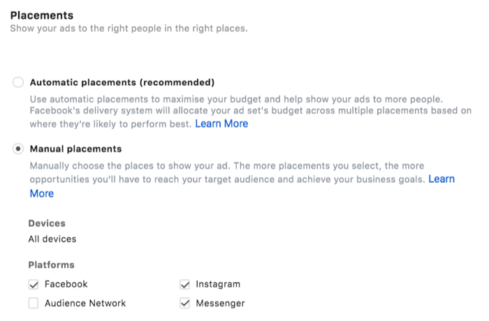 opções de menu para posicionamento de anúncio com posicionamentos manuais selecionados, especificamente Facebook, Instagram e Messenger