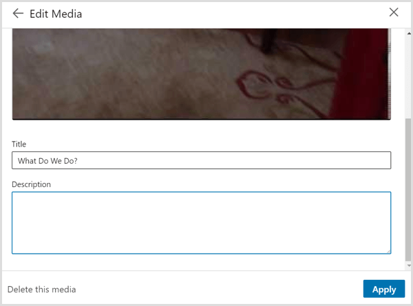 A caixa de diálogo Editar mídia que você vê quando vincula a um vídeo em seu perfil do LinkedIn