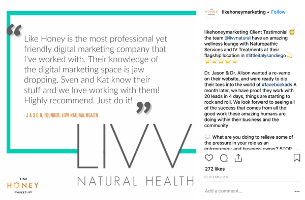 Exemplo de uma postagem no Instagram de uma história de cliente por Like Honey Marketing.