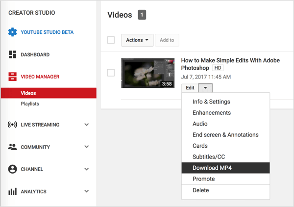 Navegue até o seu vídeo no Gerenciador de vídeos, clique no botão Editar ao lado do seu vídeo do YouTube e selecione Baixar MP4.