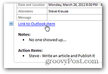 Clique em Link de volta ao item de calendário do Outlook