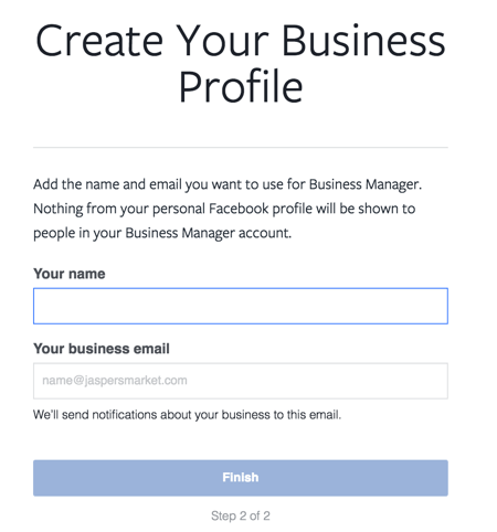 Digite seu nome e e-mail de trabalho para terminar de configurar sua conta do Facebook Business Manager.