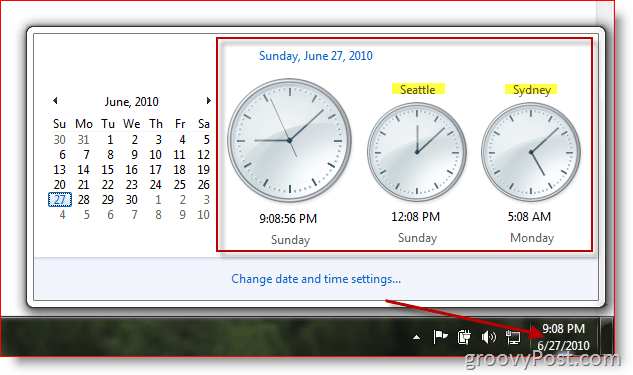 Microsoft Windows 7 exibindo relógios adicionais em fusos horários diferentes
